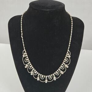 Vintage ICING Signed Clear Rhinestone Bib Drop Necklace Silver Tone Twist P4